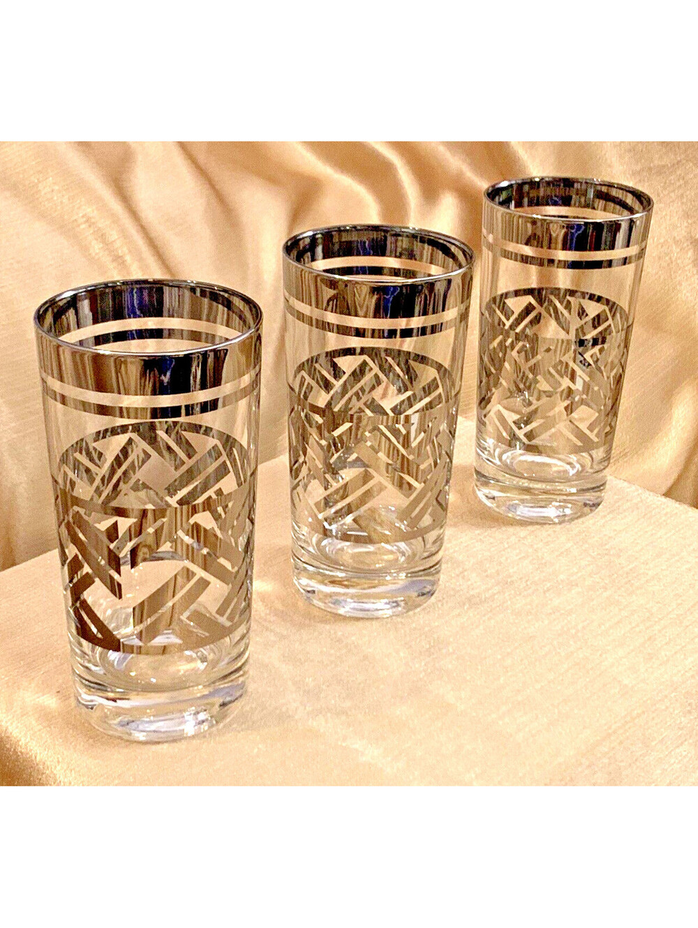 Dorothy Thorpe VTG MCM Platinum Silver Highball Glasses MINT 3pc Dome Base 5.75"